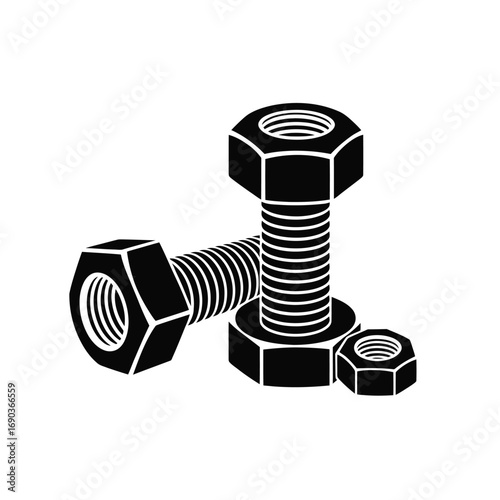 Close up of two bolts with nuts and a single nut on white background