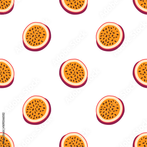 Passion fruit seamless pattern on blue background. Vector illustration of passion fruit.