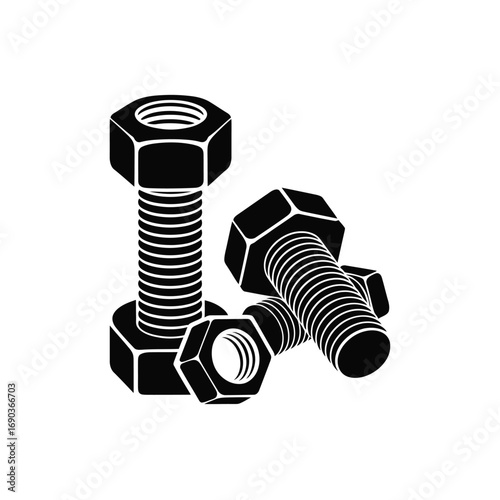 Black and white illustration of hexagonal bolts and nuts