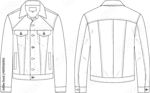 Denim jacket front and back technical fashion sketch with pockets and collar, cad drawing flat vector illustration for apparel design.