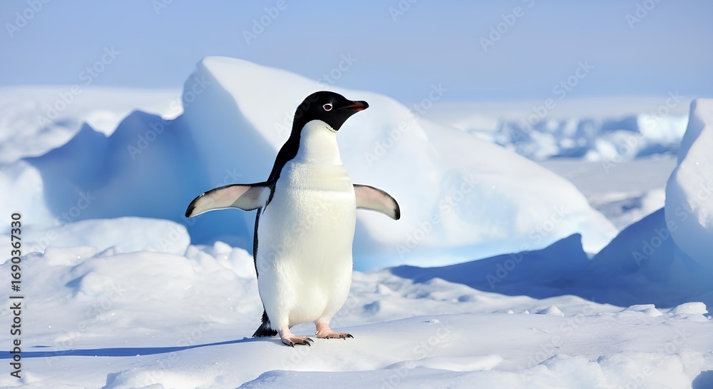 Obraz premium A penguin standing on snow with icebergs behind it