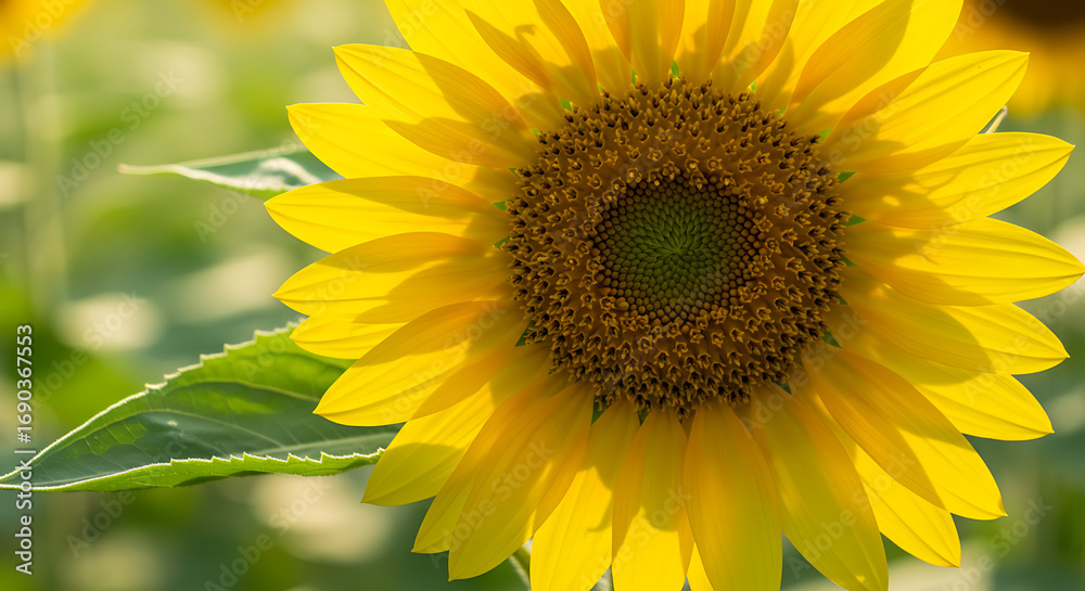 Fototapeta premium Macro close-up of bright sunflower with green leaves