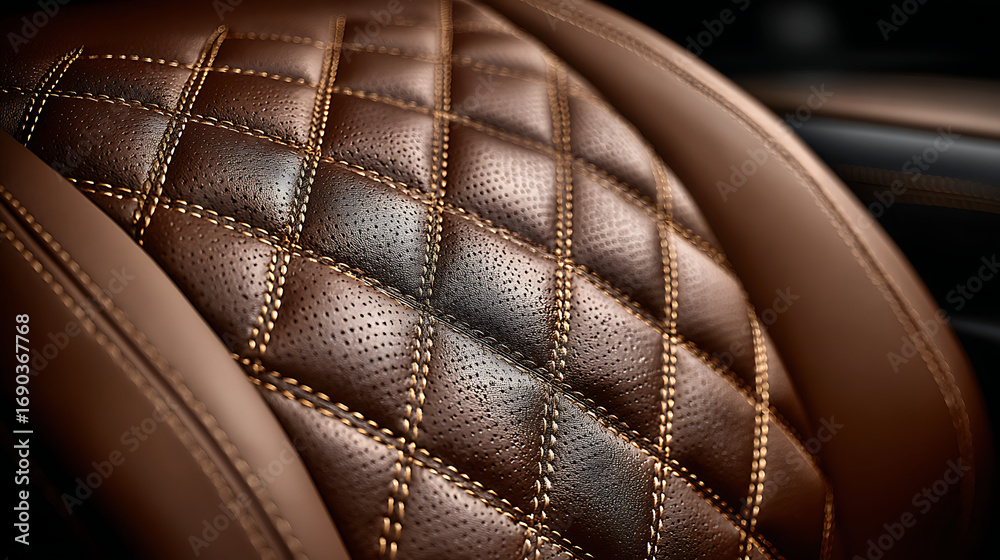 Obraz premium A close-up of luxurious brown leather with a diamond-quilted pattern and contrast stitching. Detailed texture for automotive or furniture upholstery.