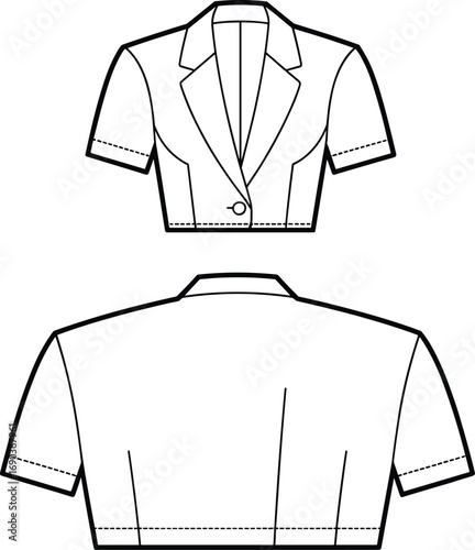 Cropped short sleeve blazer CAD, single button closure, tailored fit, lapel collar, fashion flat sketch for women