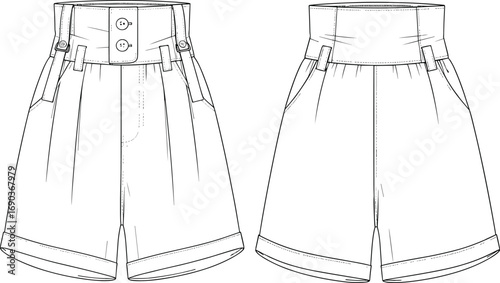 High waisted shorts technical flat sketch, front and back view, CAD fashion drawing, vector apparel design, detailed clothing template