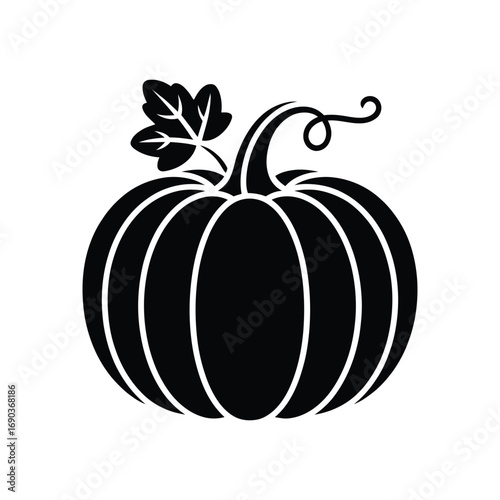Stylized pumpkin silhouette with curled stem and veined leaf, classic autumn icon ideal for Halloween, harvest, and seasonal design themes