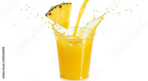 Pineapple juice is poured into a cup splashing next to a slice of pineapple