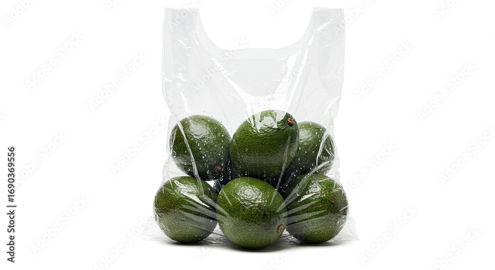 Naklejka premium Several avocados are visible packed together inside a transparent plastic bag
