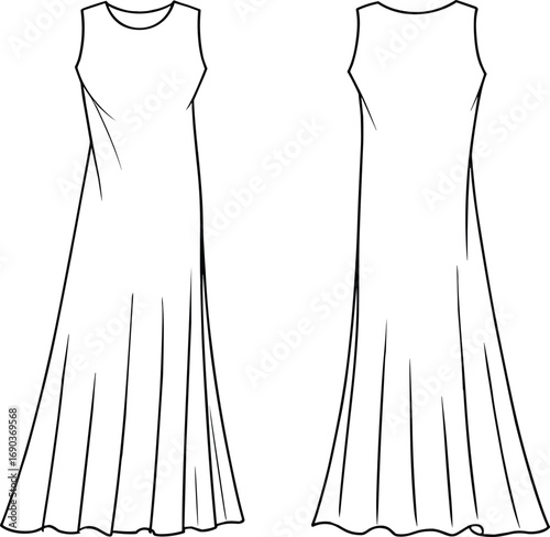Elegant sleeveless maxi dress fashion CAD illustration, front and back view, technical flat sketch for apparel design, vector template