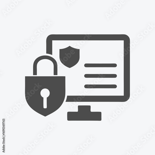 Gray computer screen displays data protection with shield and padlock safeguarding information