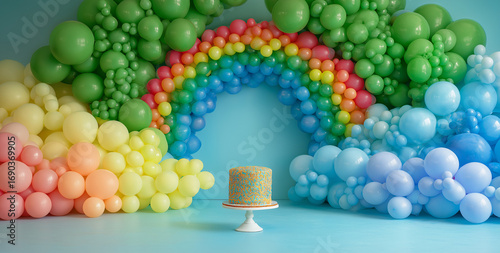 backdrop composition a blue sky with white clouds in the background, a rainbow-colored balloon arch garland,