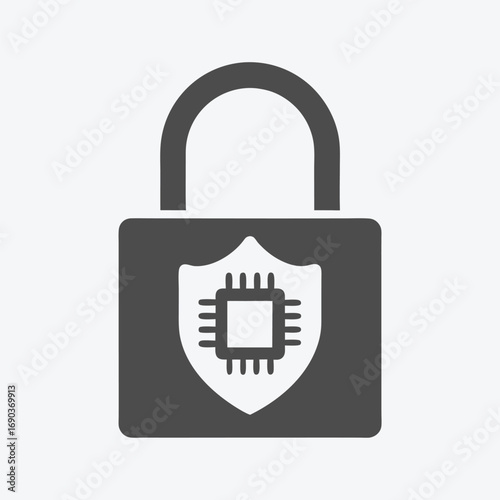 Gray padlock displays security chip icon, symbolizing protection and data safety measures