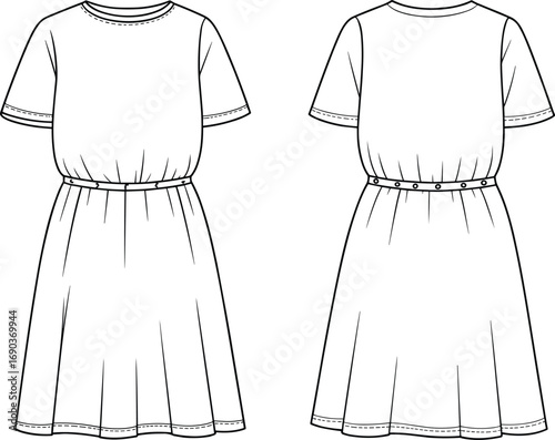 Girls’ belted dress flat sketch – short sleeve, gathered waist, and flared skirt fashion CAD for kidswear design