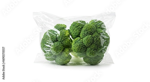 Two broccoli heads are enclosed in a clear transparent plastic bag on a white surface