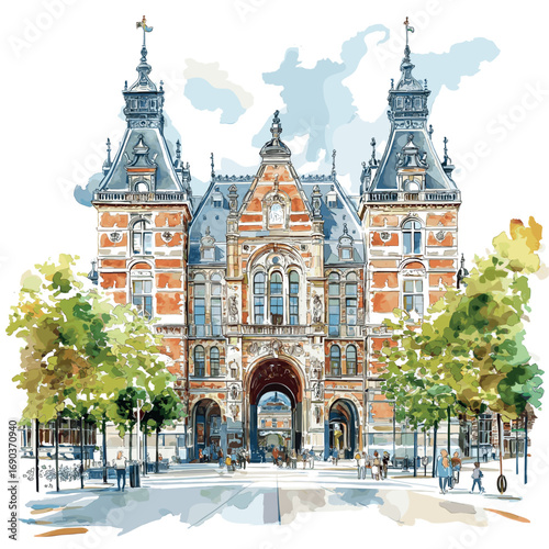 Rijksmuseum. Rijksmuseum watercolor vector illustration