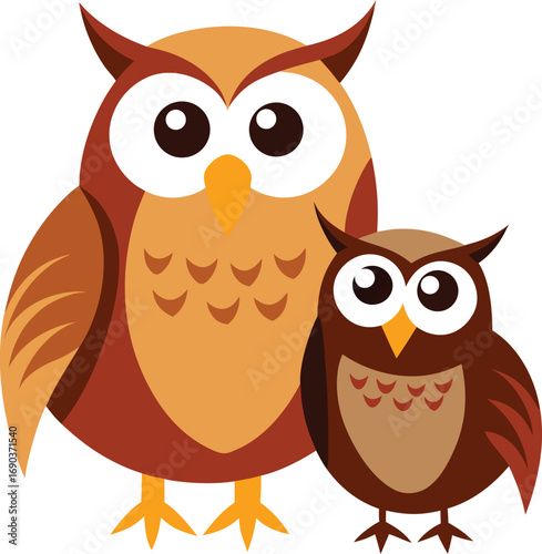 Two cartoon owls a parent and child standing together on a white background