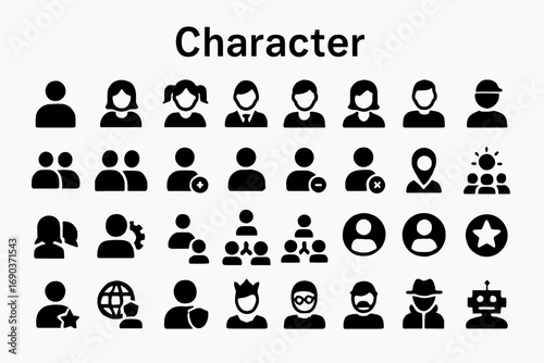 A versatile set of bold, solid black icons representing characters, user profiles, and avatars. Ideal for apps, websites, and presentations.