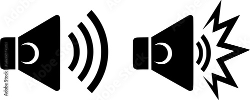 Speaker with Sound Waves Icon Pair, Two black-and-white speaker icons with varying sound wave designs, ideal for audio, volume control, and multimedia applications