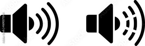 Speaker with Sound Waves Icon Pair, Two black-and-white speaker icons with varying sound wave designs, ideal for audio, volume control, and multimedia applications
