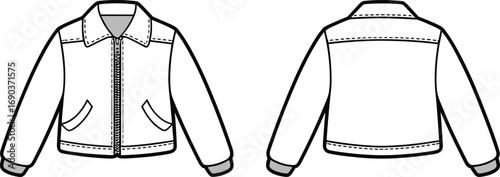 Kids’ zip-up jacket fashion flat sketch – technical vector drawing of children’s outerwear with collar and pockets