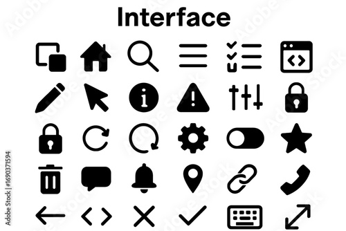 A versatile set of bold, solid black icons representing user interfaces, buttons, and design elements. Ideal for apps, websites, and presentations.