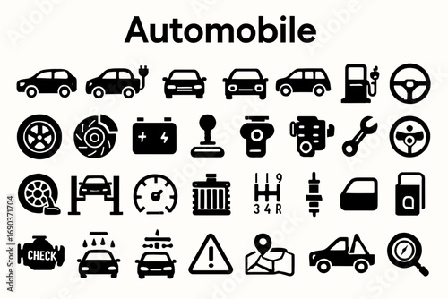 A versatile set of bold, solid black icons representing automobiles, cars, and transportation. Ideal for apps, websites, and presentations.