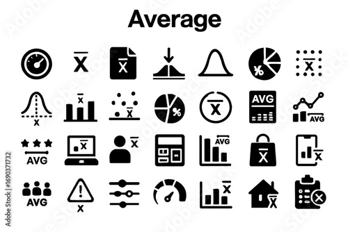 A versatile set of bold, solid black icons representing average, measurement, and data concepts. Ideal for apps, websites, and presentations.