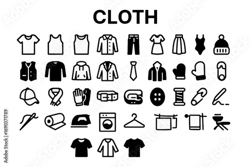 A versatile set of bold, solid black icons representing cloth, fabric, and textiles. Ideal for apps, websites, and presentations.