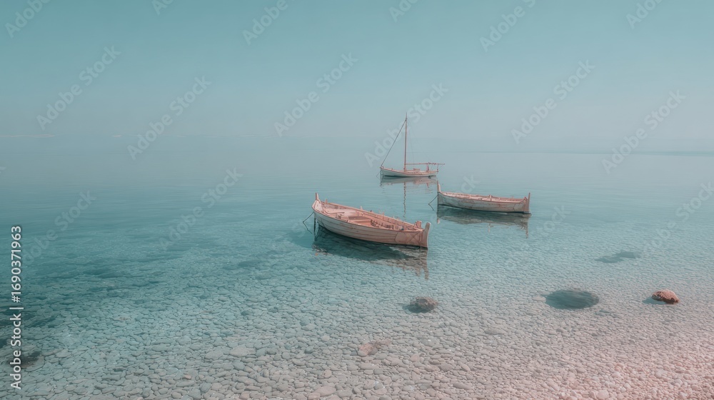Fototapeta premium Serene Calm Water with Three Small Boats and Rocks on Pebble Beach in Soft Pink and Blue Tones