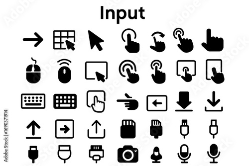 A versatile set of bold, solid black icons representing input, data entry, and user interaction. Ideal for apps, websites, and presentations.