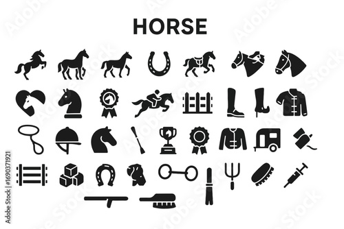 A versatile set of bold, solid black icons representing horses, animals, and equestrian themes. Ideal for apps, websites, and presentations.