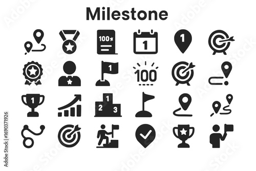 A versatile set of bold, solid black icons representing milestones, goals, and achievements. Ideal for apps, websites, and presentations.