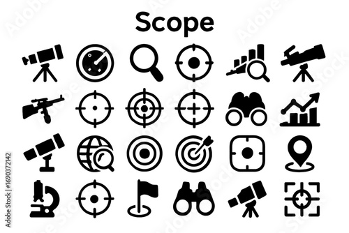 A versatile set of bold, solid black icons representing scope, projects, and management. Ideal for apps, websites, and presentations.