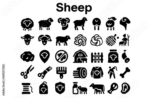A versatile set of bold, solid black icons representing sheep, farm animals, and agriculture. Ideal for apps, websites, and presentations.