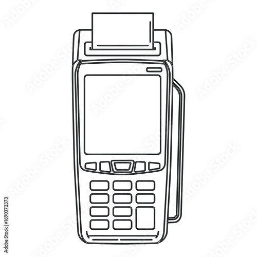 Black outline drawing of a credit card payment terminal with receipt machine