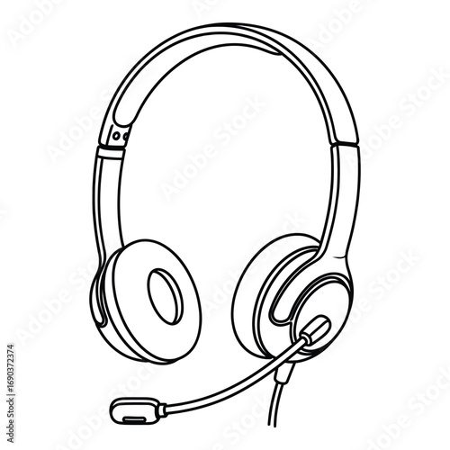 Black outline drawing of headphones with microphone on white background headset audio