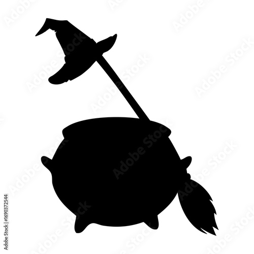 Logo con silueta de caldero, sombrero y escoba de bruja para su uso en invitaciones y tarjetas de Halloween