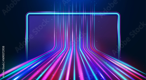 The neon frame against the background of futuristic lines of high speed data transmission technology on the Internet, science fiction. Vector illustration.