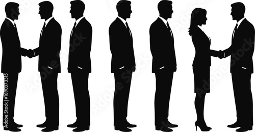 Silhouettes of professional men and women shaking hands, standing in formal business attire, teamwork, partnership, agreement, isolated vector illustration.
