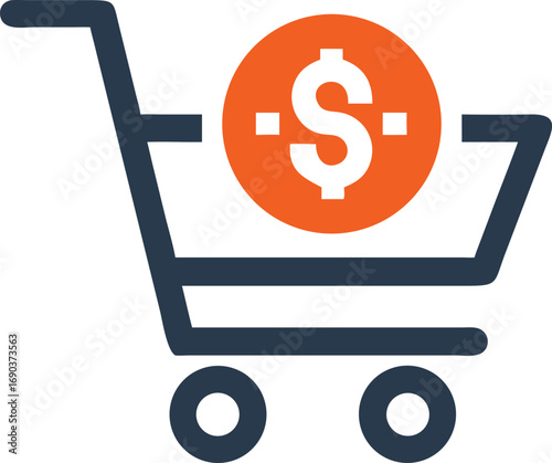 Isolated shopping cart contains orange dollar symbol, suggesting commercial activities and monetary transactions
