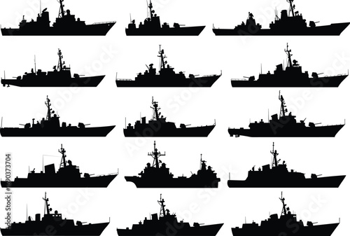 Silhouettes of various military warships and navy destroyers in profile isolated on white background vector illustration set.