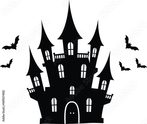 Spooky haunted castle silhouette with flying bats, perfect for Halloween, horror themes, party invitations, decorations, or seasonal graphic design.