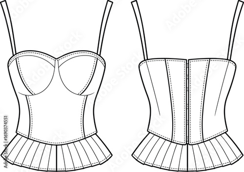 Women’s bustier top with peplum flat sketch – fitted bodice, sweetheart neckline, spaghetti straps, zipper back fashion CAD