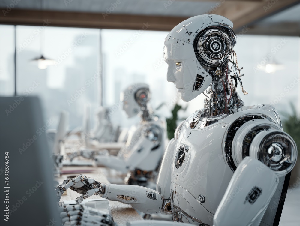 Fototapeta premium High-tech office setting where advanced robots engage in work tasks with focused intensity, showcasing innovation. 