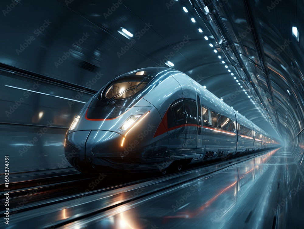 Fototapeta premium A sleek, high-speed train glides swiftly through a futuristic tunnel, the illuminated environment creating an atmosphere of technological advancement and modern travel.