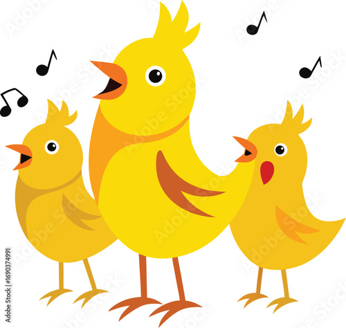 Three Yellow Chicks Singing Together with Music Notes in the Air