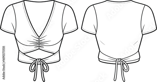 Women’s cropped ruched tie-front top with short sleeves – summer casual fashion flat sketch