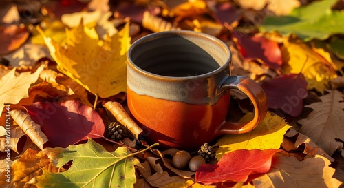 Cozy Autumn Scene with Ceramic Mug Surrounded by Colorful Falling Leaves and Pinecones