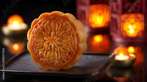 A glowing golden mooncake with intricate floral patterns, placed on a dark lacquered tray with soft candlelight.