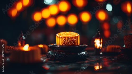 A glowing golden mooncake with intricate floral patterns, placed on a dark lacquered tray with soft candlelight.